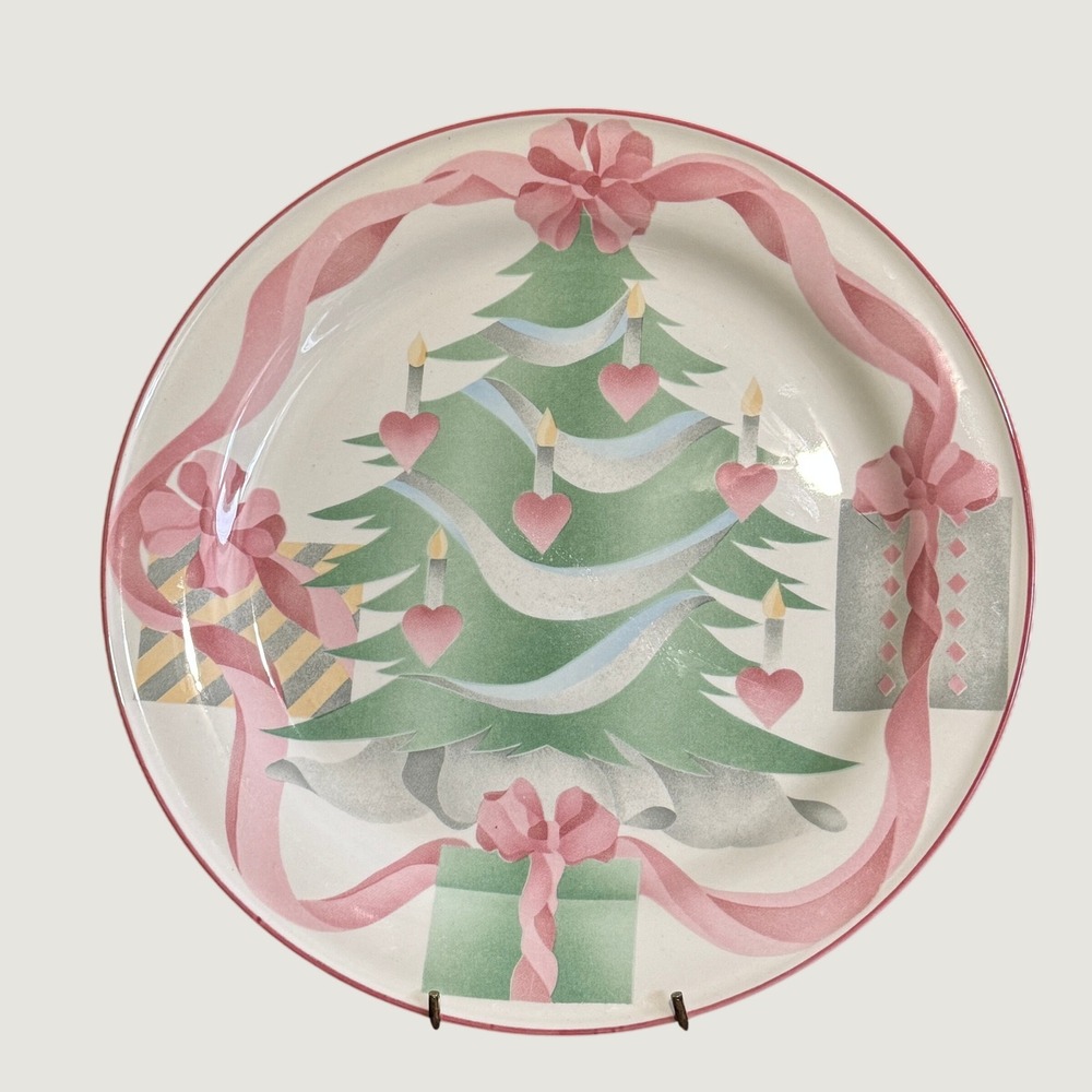 Sango Home for Christmas 89 Dinner Plate 3321 Ceramic Tree Heart Pink Ribbon